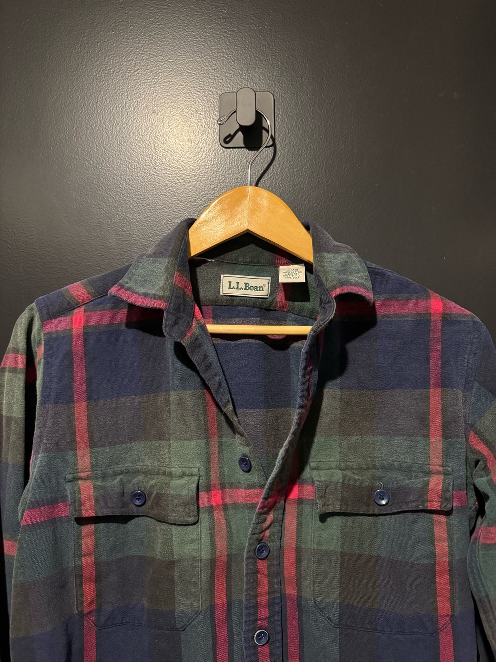 L.L. Bean Navy, Green & Red 100% Cotton Plaid Flannel Shirt